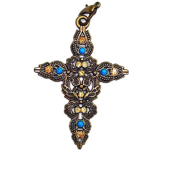 Bronze copper tone Ornate Cross Pendant with Blue turquoise Gold crystal Accents - Picture 2 of 8